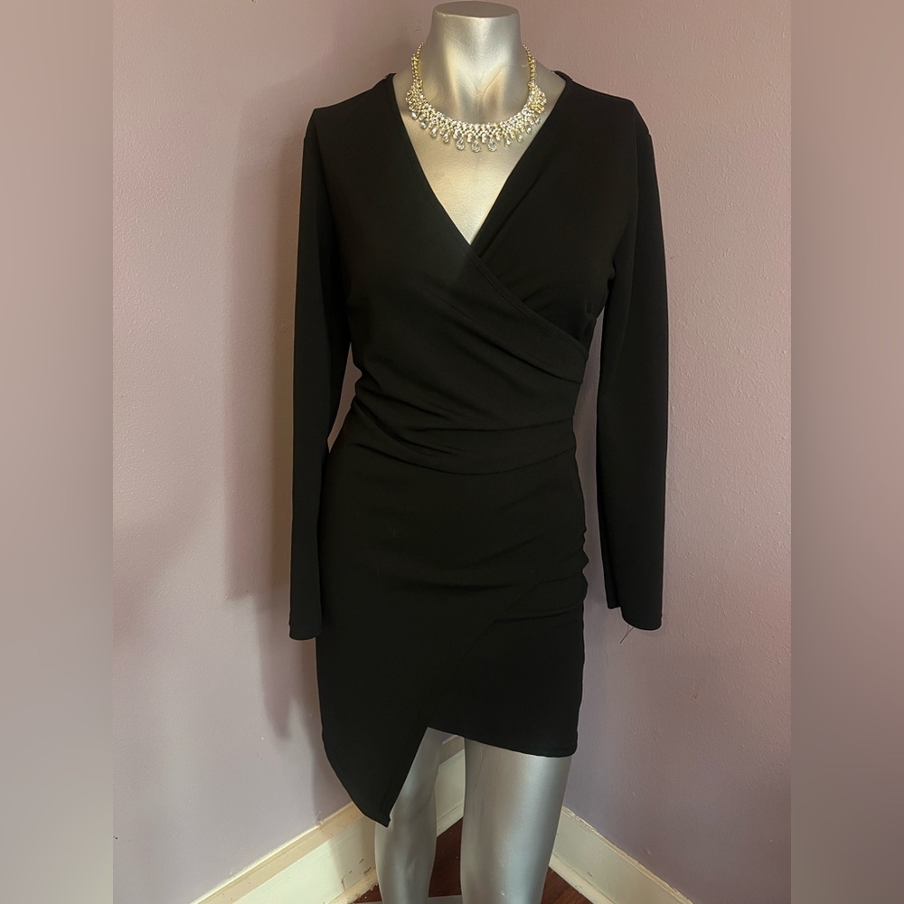 FAVLUX Black Long-Sleeve Wrap Mini Dress